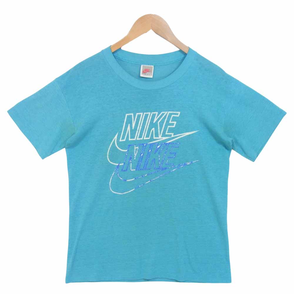 NIKE ナイキ 90S USA製 銀タグ 2連 ロゴ プリント Tシャツ 半袖 コットン ライトブルー系 M【中古】