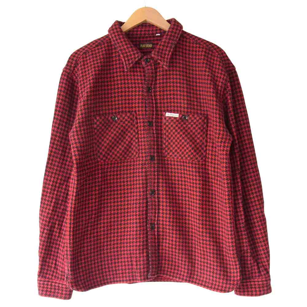 THE FLAT HEAD ザフラットヘッド 千鳥柄 ヘビーネル シャツ 黒×赤 44【中古】