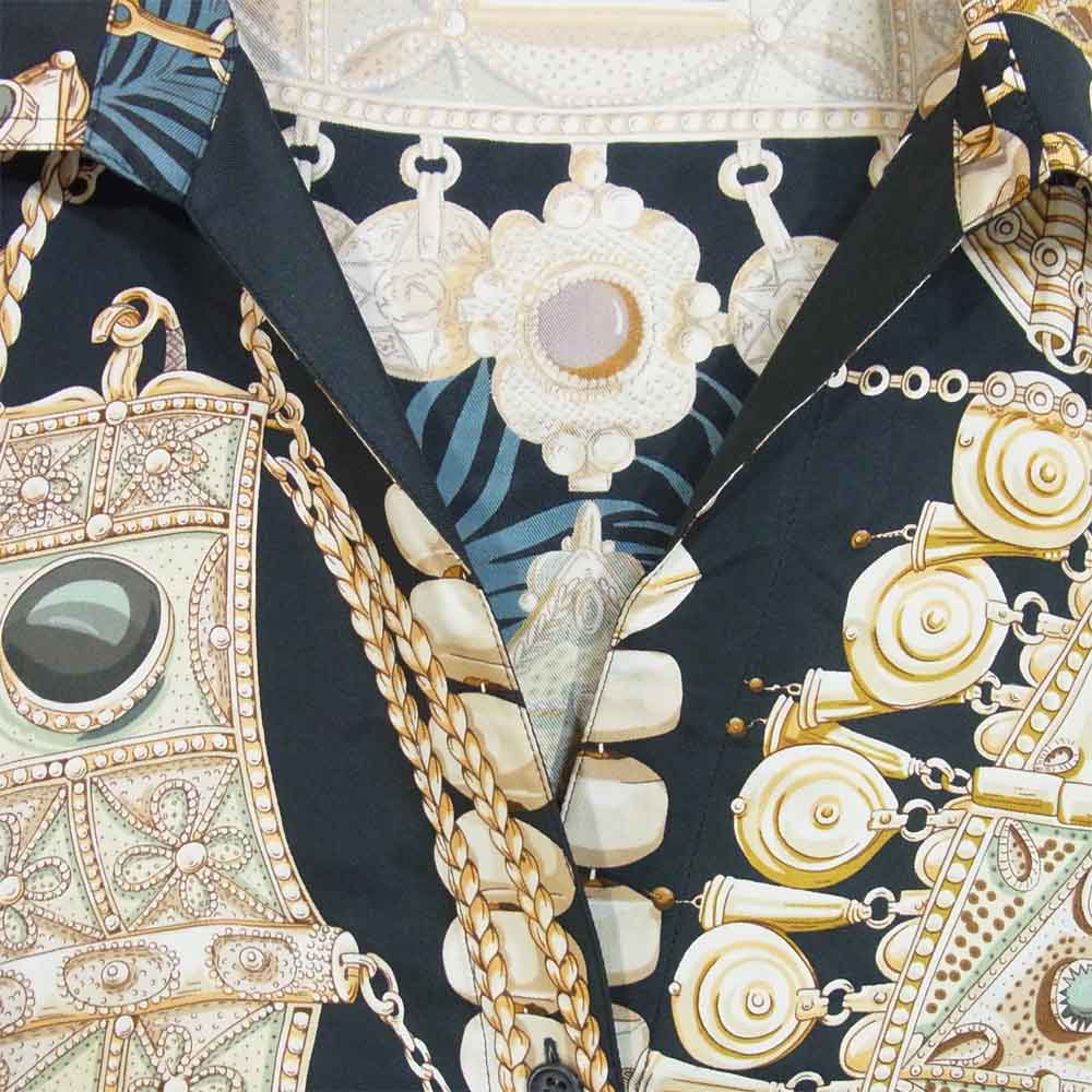 HERMES エルメス オールド 総柄 シルク ブラウス フランス製 シャツ 長袖 ブラック×ゴールド系【中古】