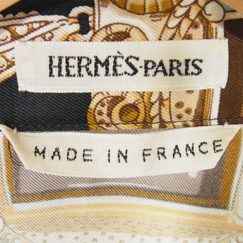 HERMES エルメス オールド 総柄 シルク ブラウス フランス製 シャツ 長袖 ブラック×ゴールド系【中古】