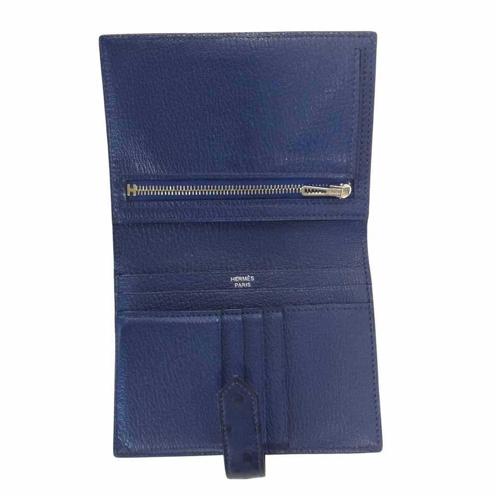 HERMES エルメス ベアン コンパクト ミコノス  A刻印 シルバー金具 財布 ネイビー系【中古】