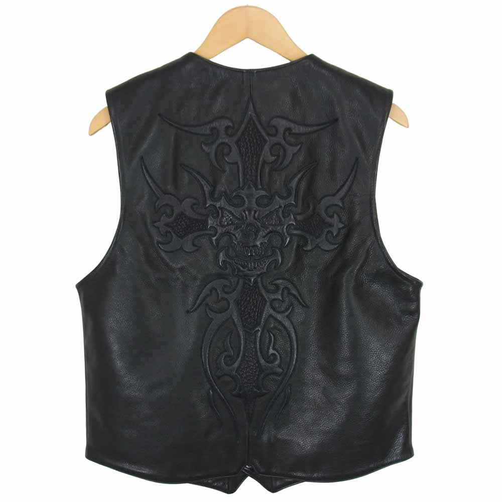 TRAVIS WALKER トラヴィスワーカー クロス トライバル w/スカル レザー ベスト ブラック系 サイズ表記無し【中古】