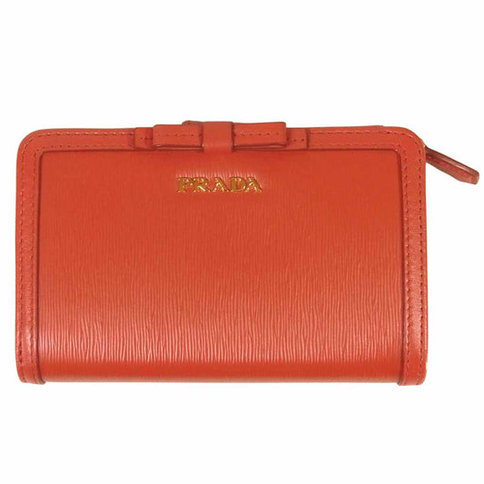 PRADA プラダ 1ML225 販売証明書付属 2B6S VITELLO MOVE FI リボン 2つ折り 財布 レッド系【美品】【中古】