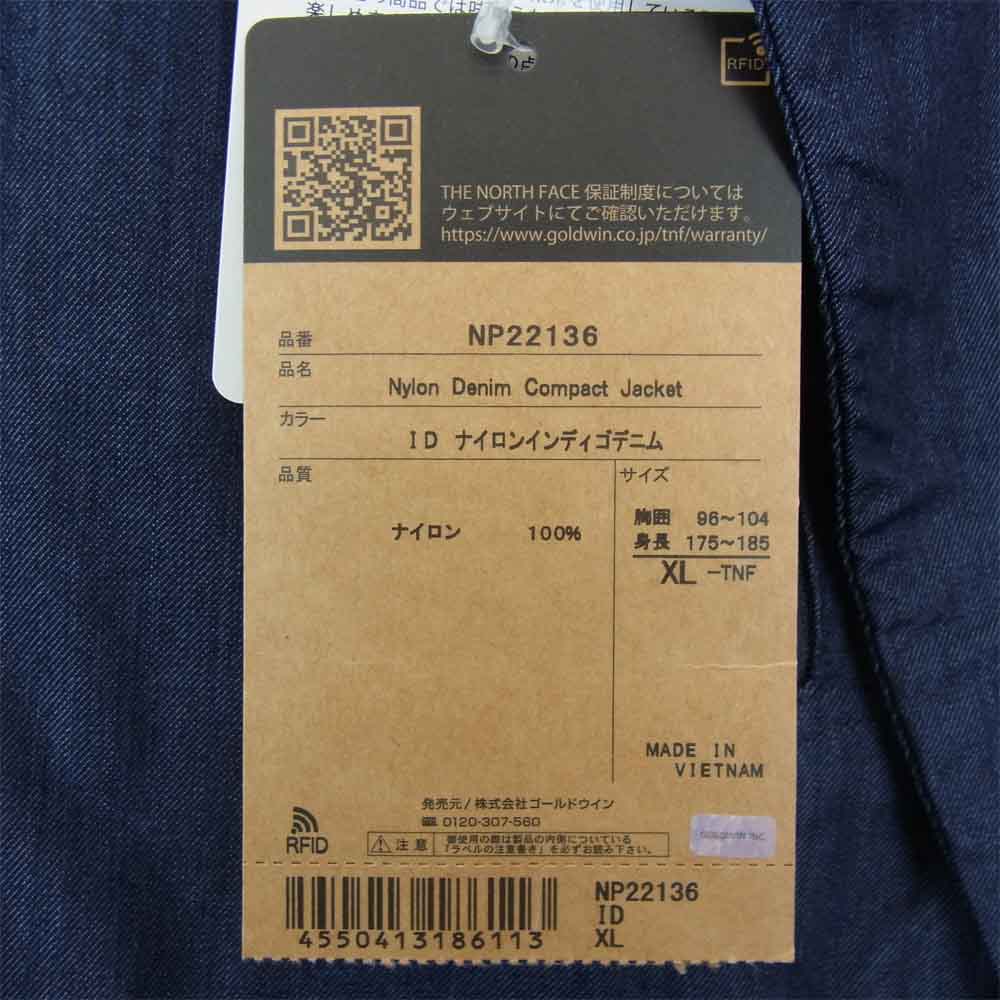 THE NORTH FACE ノースフェイス NP22136 Nylon Denim Compact Jacket ナイロン デニム コンパクト ジャケット インディゴブルー系 XL【新古品】【未使用】【中古】