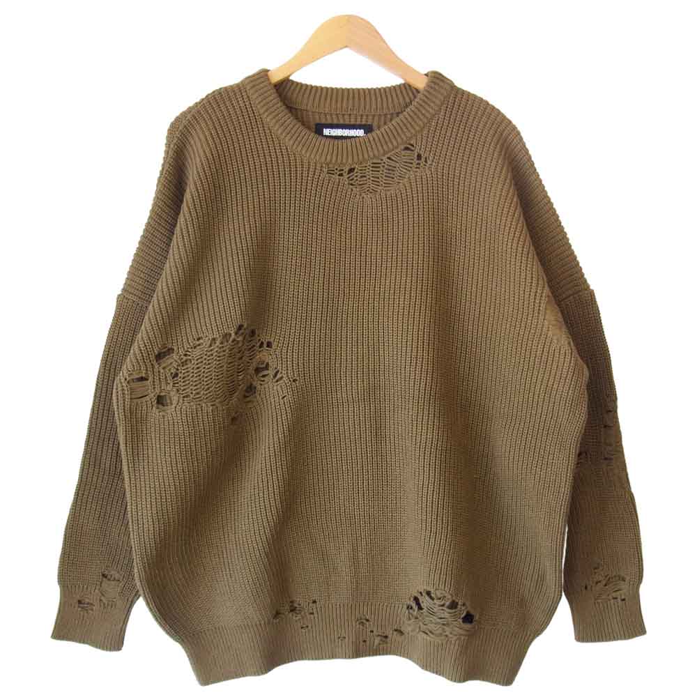 NEIGHBORHOOD ネイバーフッド 21SS 211FUNH-KNM01 SAVAGE . CREW / CA-KNIT LS ダメージ加工 ホール デザイン オーバーサイズ クルーネック ニット  カーキ系 M【新古品】【未使用】【中古】