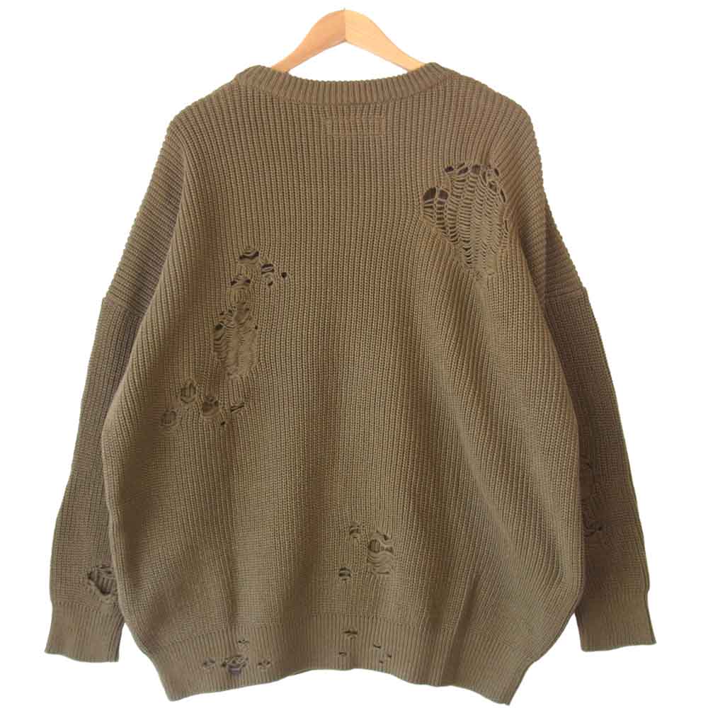 NEIGHBORHOOD ネイバーフッド 21SS 211FUNH-KNM01 SAVAGE . CREW / CA-KNIT LS ダメージ加工 ホール デザイン オーバーサイズ クルーネック ニット  カーキ系 M【新古品】【未使用】【中古】