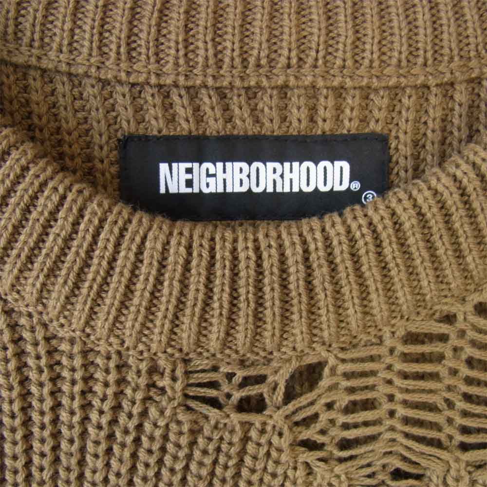 NEIGHBORHOOD ネイバーフッド 21SS 211FUNH-KNM01 SAVAGE . CREW / CA-KNIT LS ダメージ加工 ホール デザイン オーバーサイズ クルーネック ニット  カーキ系 M【新古品】【未使用】【中古】