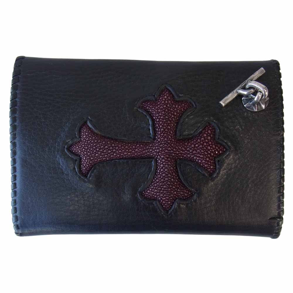 GABOR ガボール ギャランティ付属 Stingray Traditional Cross Inlay Buffalo Long Wallet スティングレイ クロス バッファロー ロング ウォレット ブラック系【中古】