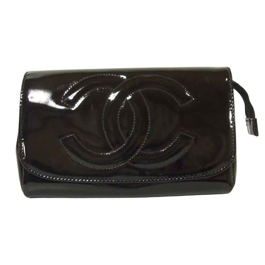 CHANEL シャネル 4889652 エナメル コスメ 化粧 ポーチ イタリア製 ブラック系【中古】