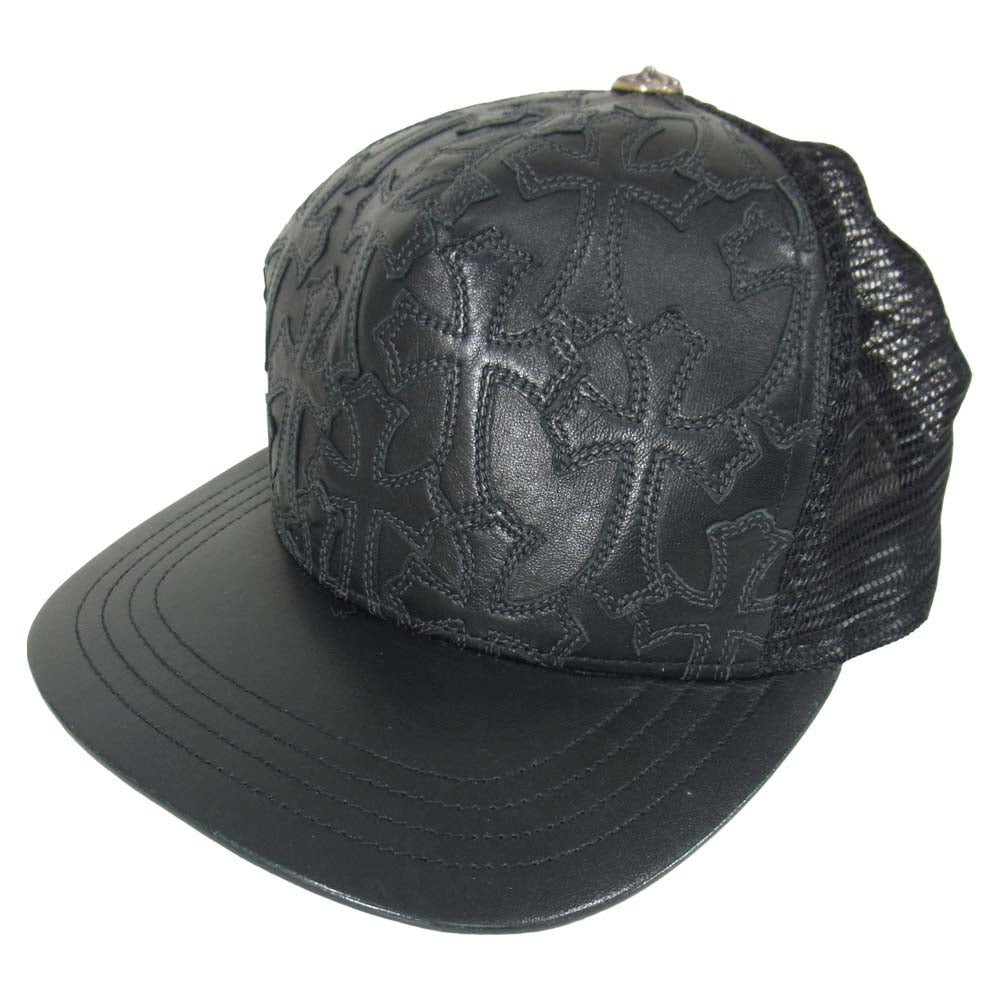 CHROME HEARTS クロムハーツ（原本無） セメタリー クロスパッチ レザー メッシュトラッカー キャップ ブラック系 53～60【中古】