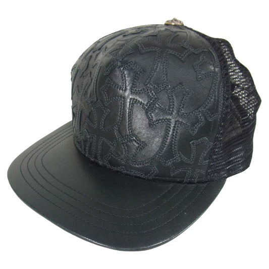 CHROME HEARTS クロムハーツ（原本無） セメタリー クロスパッチ レザー メッシュトラッカー キャップ ブラック系 53～60【中古】
