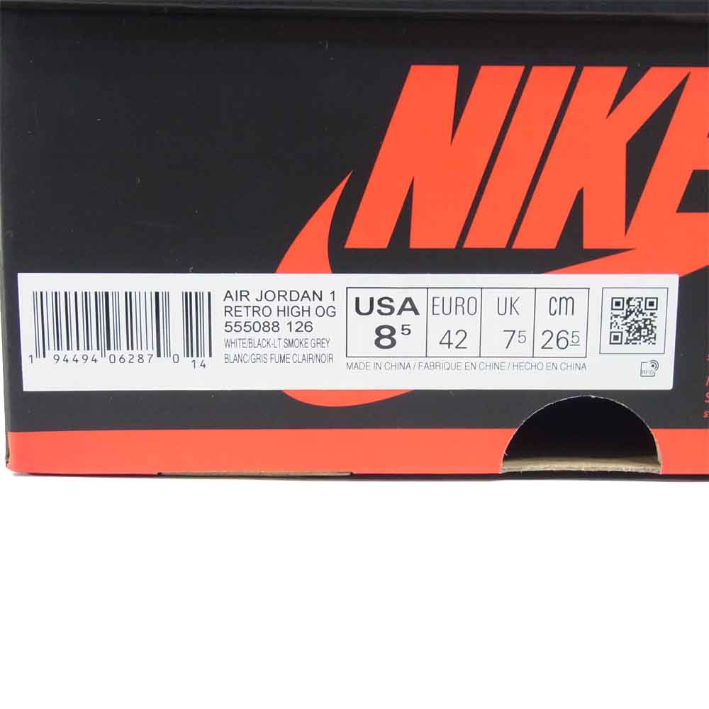 NIKE ナイキ 555088-126 AIR JORDAN 1 RETRO HIGH OG エアジョーダン ワン White/Black-LT SmokeGrey US8.5【美品】【中古】