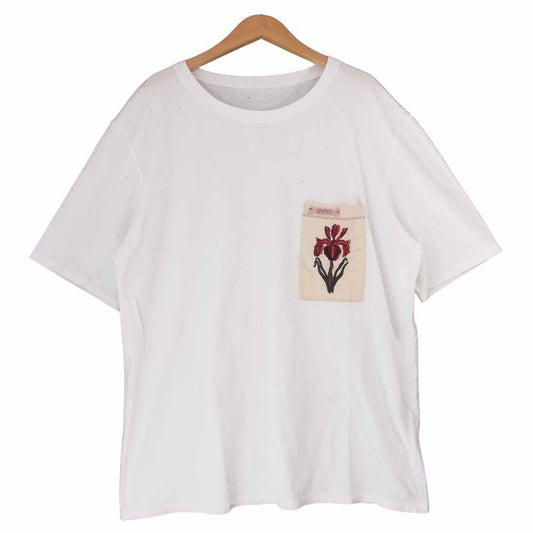 GUCCI グッチ 国内正規 408843 ダメージ加工 胸ポケット フラワー刺繍 半袖 Tシャツ ホワイト系 L【中古】