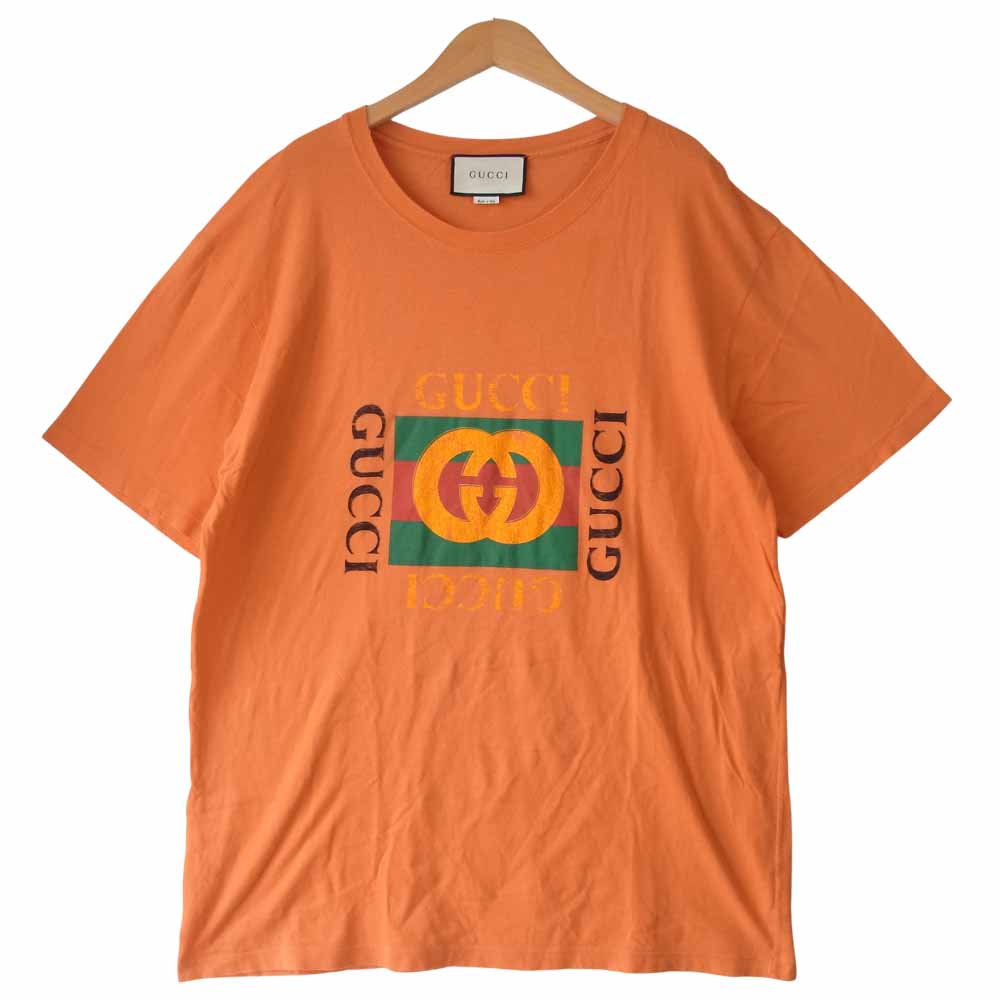 GUCCI グッチ 国内正規 ヴィンテージ加工 GGロゴ プリント Tシャツ オレンジ系 L【中古】