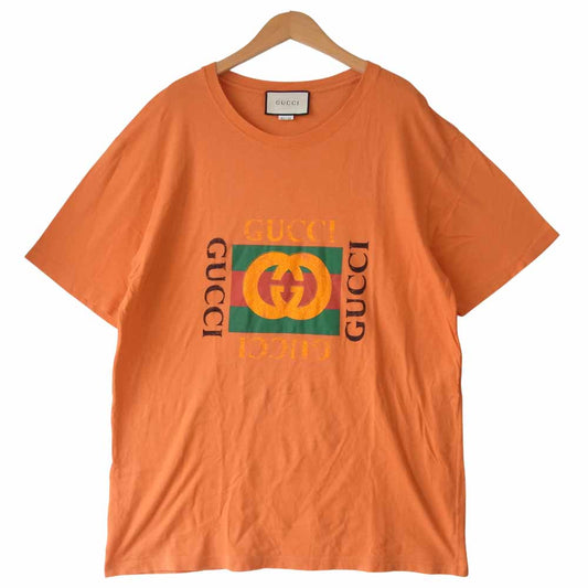 GUCCI グッチ 国内正規 ヴィンテージ加工 GGロゴ プリント Tシャツ オレンジ系 L【中古】