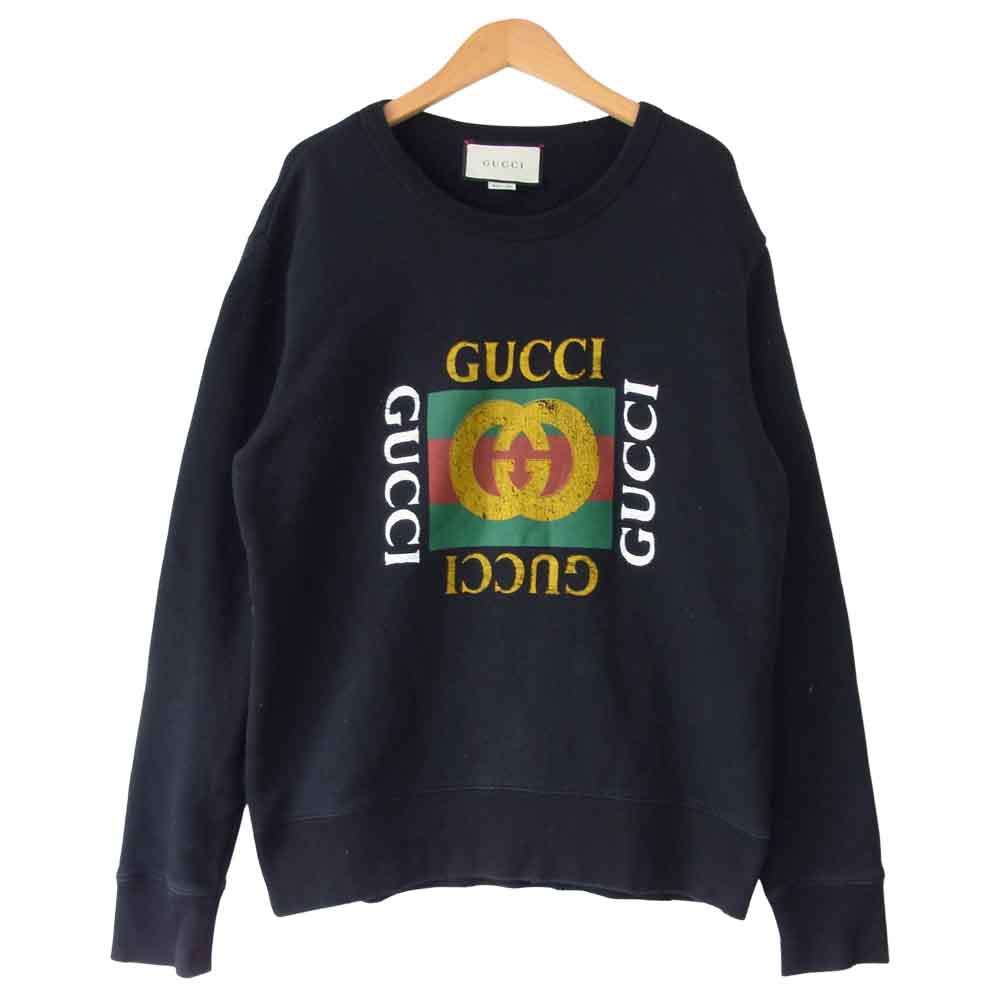 GUCCI グッチ 国内正規 ヴィンテージ加工 ロゴプリント クルーネック スウェット ブラック系 S【中古】