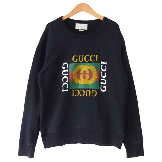 GUCCI グッチ 国内正規 ヴィンテージ加工 ロゴプリント クルーネック スウェット ブラック系 S【中古】