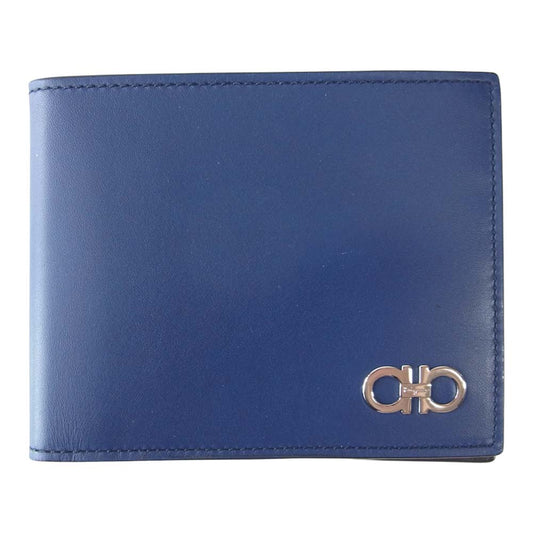 Salvatore Ferragamo サルヴァトーレフェラガモ ダブルガンチーニ 二つ折り 財布 ネイビー系【美品】【中古】