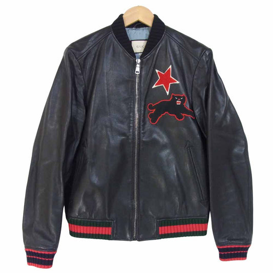 GUCCI グッチ 19SS 454035 XG316 国内正規品 Black Panther Leather Bomber Jacket パンサー レザー ボンバー ジャケット ブラック系 44【美品】【中古】