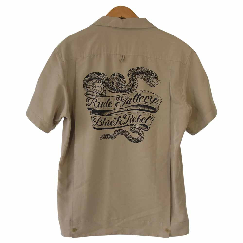 RUDE GALLERY BLACK REBEL ルードギャラリーブラックレーベル バックプリント 半袖 オープンカラー シャツ ベージュ系 L【中古】