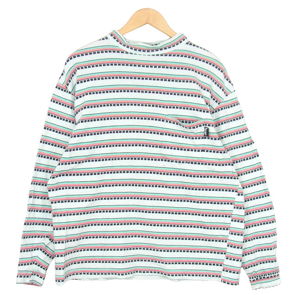 STUSSY ステューシー 80s 初期タグ USA製 ショーンフォント ヴィンテージ 総柄 ボーダー ポケット L/S Tシャツ マルチカラー系 L【中古】