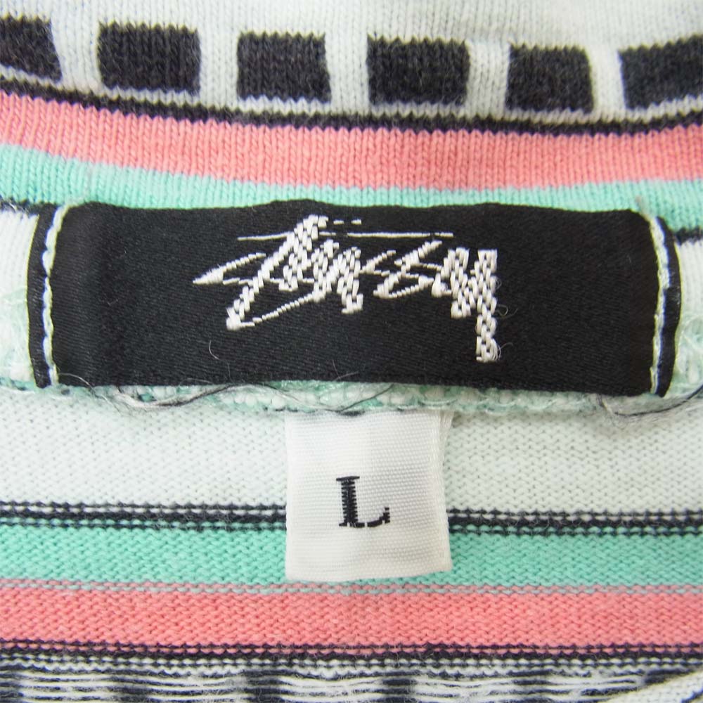 STUSSY ステューシー 80s 初期タグ USA製 ショーンフォント ヴィンテージ 総柄 ボーダー ポケット L/S Tシャツ マルチカラー系 L【中古】