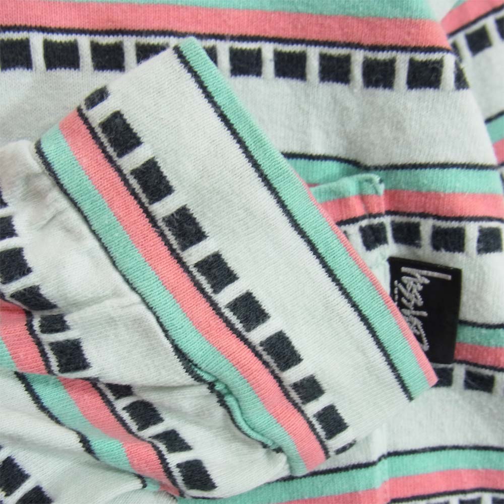 STUSSY ステューシー 80s 初期タグ USA製 ショーンフォント ヴィンテージ 総柄 ボーダー ポケット L/S Tシャツ マルチカラー系 L【中古】