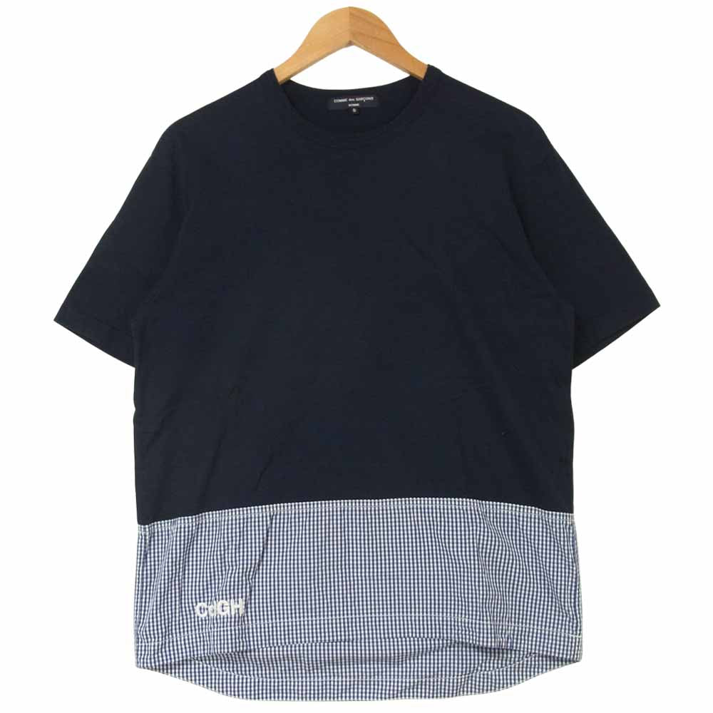 COMME des GARCONS HOMME コムデギャルソンオム 20SS HE-T029 CdGHロゴ刺繍 ギンガムチェック切替 半袖 Tシャツ ネイビー系 S【中古】