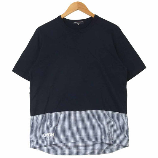 COMME des GARCONS HOMME コムデギャルソンオム 20SS HE-T029 CdGHロゴ刺繍 ギンガムチェック切替 半袖 Tシャツ ネイビー系 S【中古】