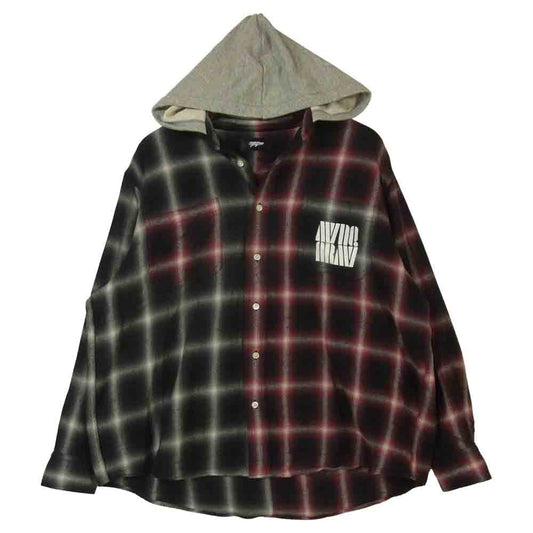 MIHARA YASUHIRO ミハラヤスヒロ G04SH141 2トーン チェック 長袖 シャツ フーディ レッド系 ブラック系 M【中古】