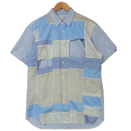 COMME des GARCONS コムデギャルソン 19SS S27061 SHIRT 切り抜き 襟 ギンガムチェック パッチワーク 半袖 シャツ ライトブルー系 M【中古】