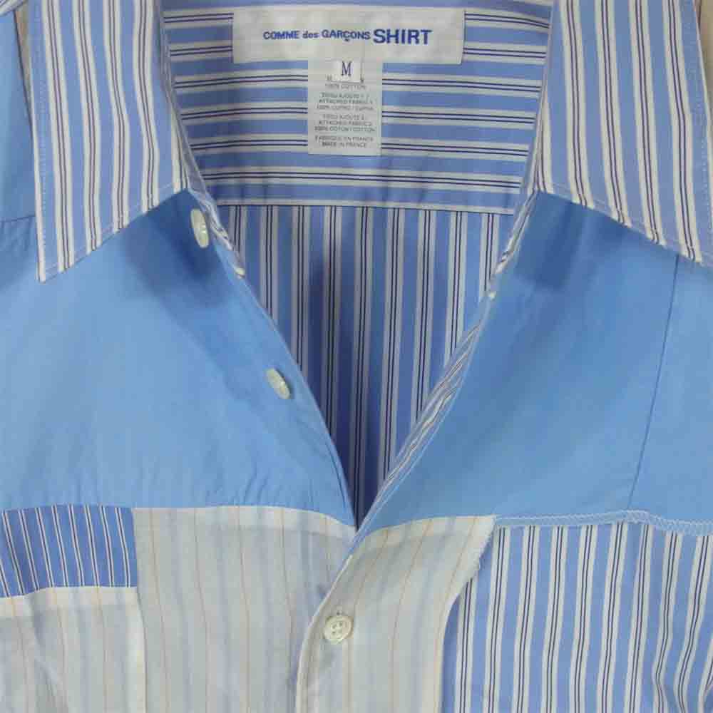 COMME des GARCONS コムデギャルソン 19SS S27061 SHIRT 切り抜き 襟 ギンガムチェック パッチワーク 半袖 シャツ ライトブルー系 M【中古】