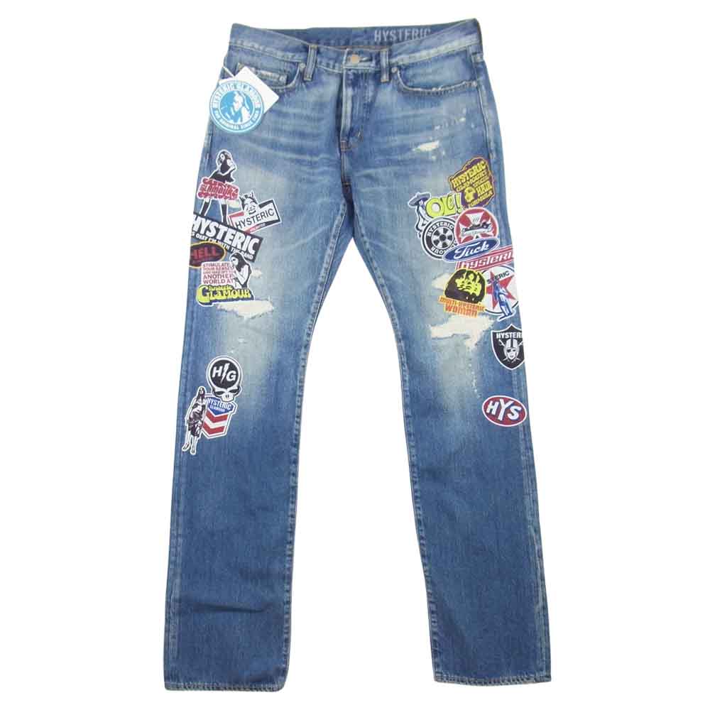 HYSTERIC GLAMOUR ヒステリックグラマー 02211AP15 HG STICKERS ステッカー プリント スリム ストレート デニム パンツ インディゴブルー系 32【新古品】【未使用】【中古】
