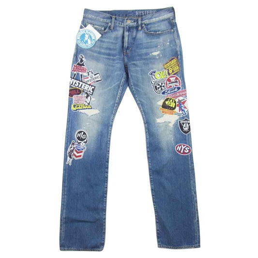 HYSTERIC GLAMOUR ヒステリックグラマー 02211AP15 HG STICKERS ステッカー プリント スリム ストレート デニム パンツ インディゴブルー系 32【新古品】【未使用】【中古】