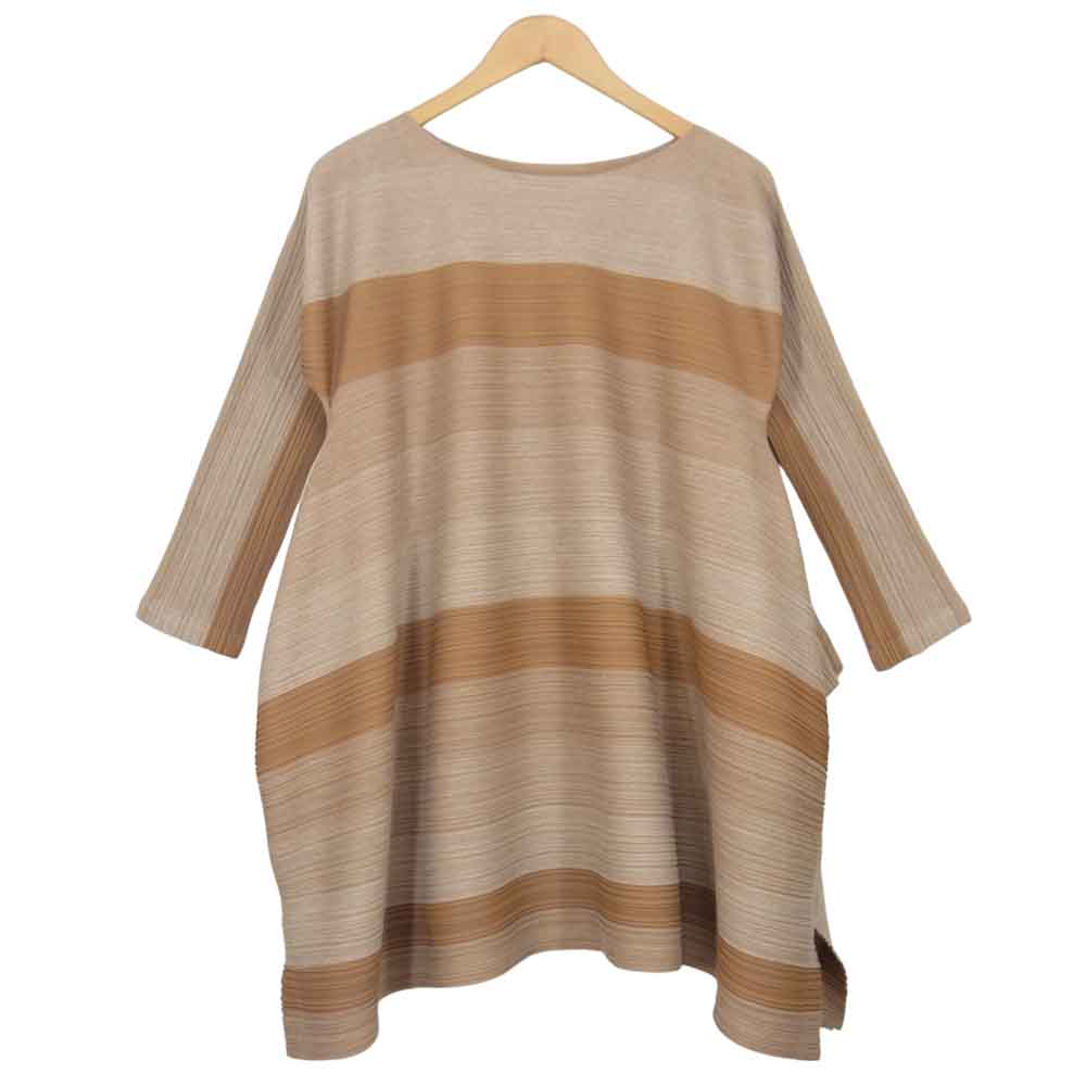 プリーツプリーズ ISSEY MIYAKE イッセイミヤケ PP91-JT692 横プリーツ ボーダー 変形 フレア トップス ブラウン系 3【中古】