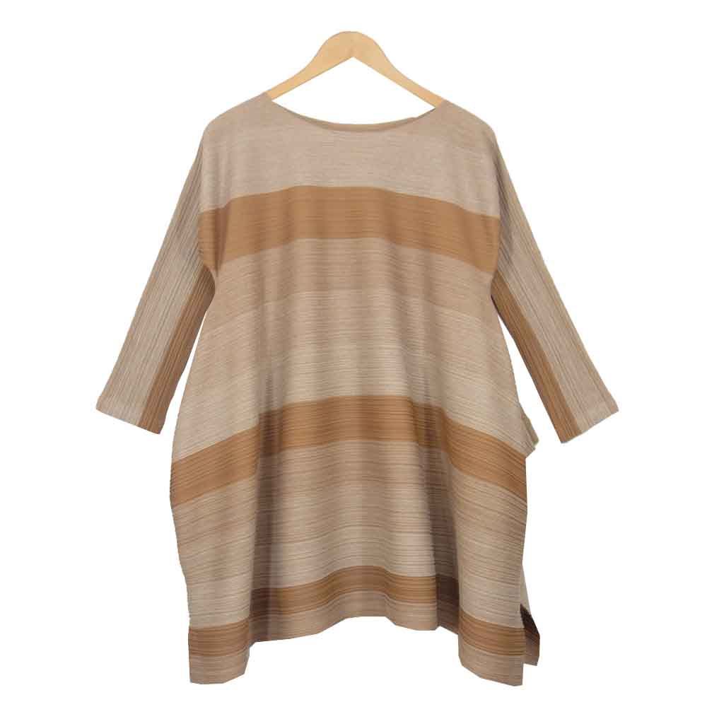 プリーツプリーズ ISSEY MIYAKE イッセイミヤケ PP91-JT692 横プリーツ ボーダー 変形 フレア トップス ブラウン系 3【中古】