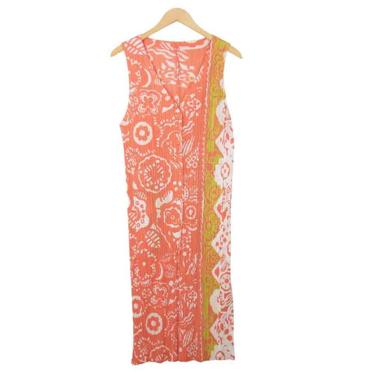 プリーツプリーズ ISSEY MIYAKE イッセイミヤケ PP81-JE722 前開き 総柄 ノースリーブ ワンピース オレンジ系 3【美品】【中古】