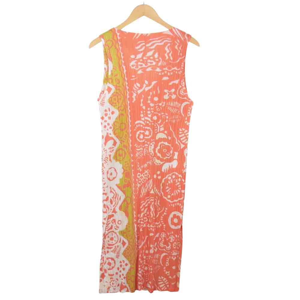 プリーツプリーズ ISSEY MIYAKE イッセイミヤケ PP81-JE722 前開き 総柄 ノースリーブ ワンピース オレンジ系 3【美品】【中古】