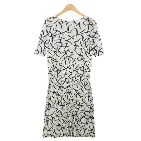 プリーツプリーズ ISSEY MIYAKE イッセイミヤケ PP91-JH758 サイドスリット 総柄 半袖 ワンピース ホワイト系 3【美品】【中古】