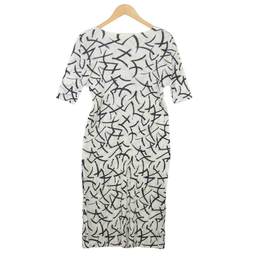 プリーツプリーズ ISSEY MIYAKE イッセイミヤケ PP91-JH758 サイドスリット 総柄 半袖 ワンピース ホワイト系 3【美品】【中古】