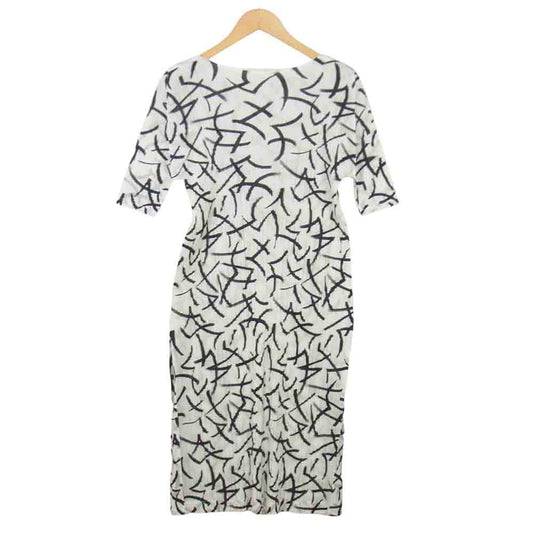 プリーツプリーズ ISSEY MIYAKE イッセイミヤケ PP91-JH758 サイドスリット 総柄 半袖 ワンピース ホワイト系 3【美品】【中古】