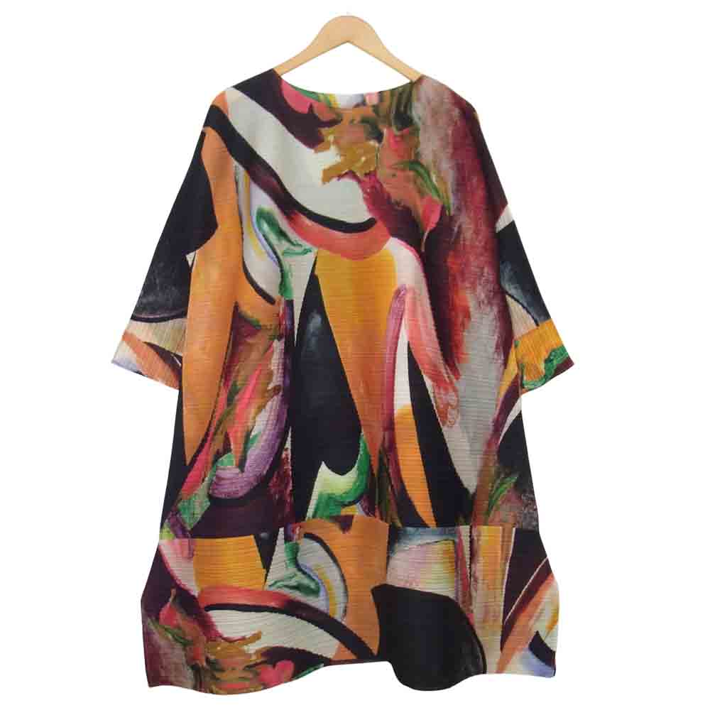 プリーツプリーズ ISSEY MIYAKE イッセイミヤケ PP03-JH704 総柄 横プリーツ フレアスリーブ ワンピース マルチカラー系 3【美品】【中古】