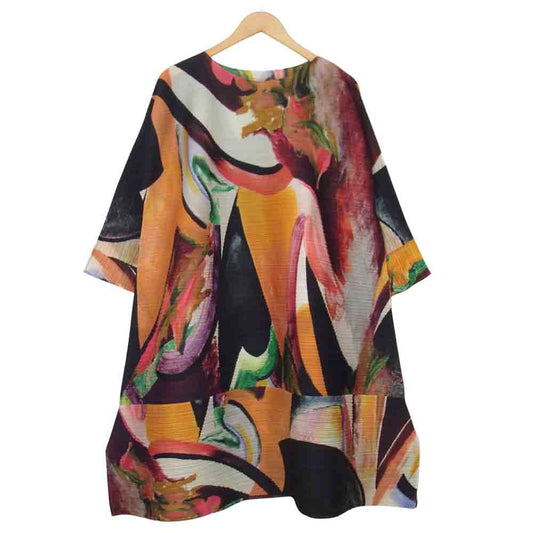プリーツプリーズ ISSEY MIYAKE イッセイミヤケ PP03-JH704 総柄 横プリーツ フレアスリーブ ワンピース マルチカラー系 3【美品】【中古】