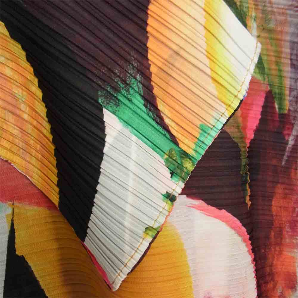 プリーツプリーズ ISSEY MIYAKE イッセイミヤケ PP03-JH704 総柄 横プリーツ フレアスリーブ ワンピース マルチカラー系 3【美品】【中古】