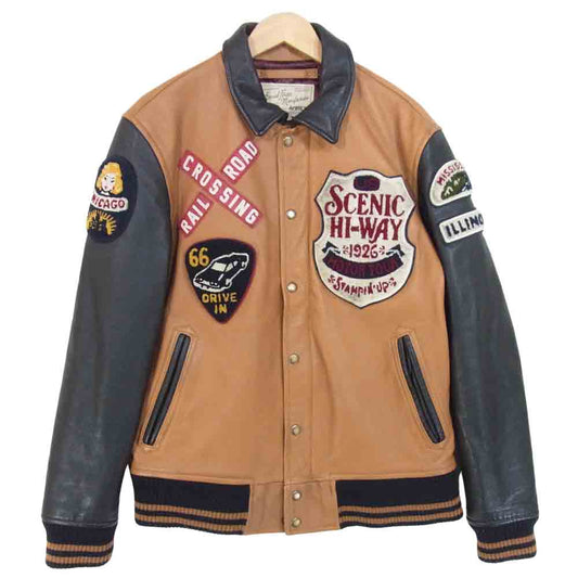 AVIREX アヴィレックス 6121023 66 スタジアムジャケット スタジャン レザージャケット 茶×黒系 XL【中古】