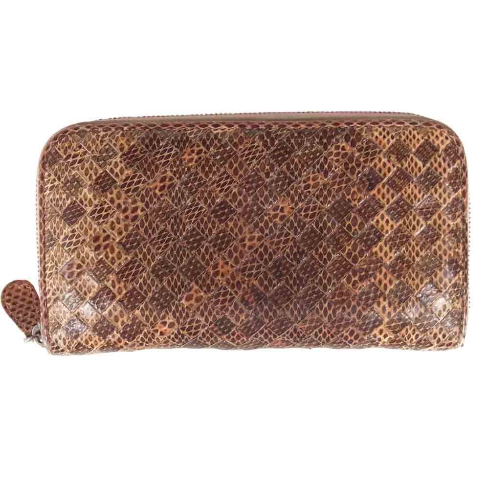 BOTTEGAVENETA ボッテガヴェネタ BO17314350 イントレチャート ラウンドジップ ウォレット 長財布 ピンクブラウン系【中古】