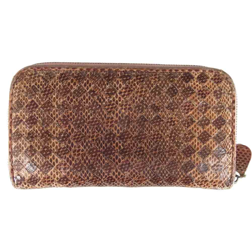 BOTTEGAVENETA ボッテガヴェネタ BO17314350 イントレチャート ラウンドジップ ウォレット 長財布 ピンクブラウン系【中古】