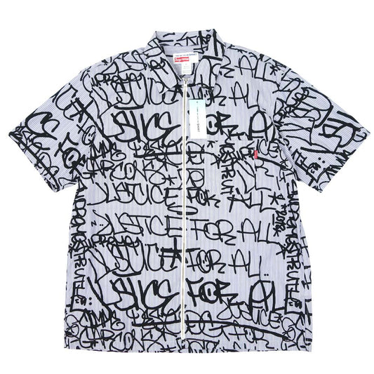 Supreme シュプリーム 18AW × Comme des Garcons SHIRT コムデギャルソン シャツ 18AW Graphic S/S Shirt グラフィック 半袖 ジップ シャツ ライトブルー系 柄 L【極上美品】【中古】