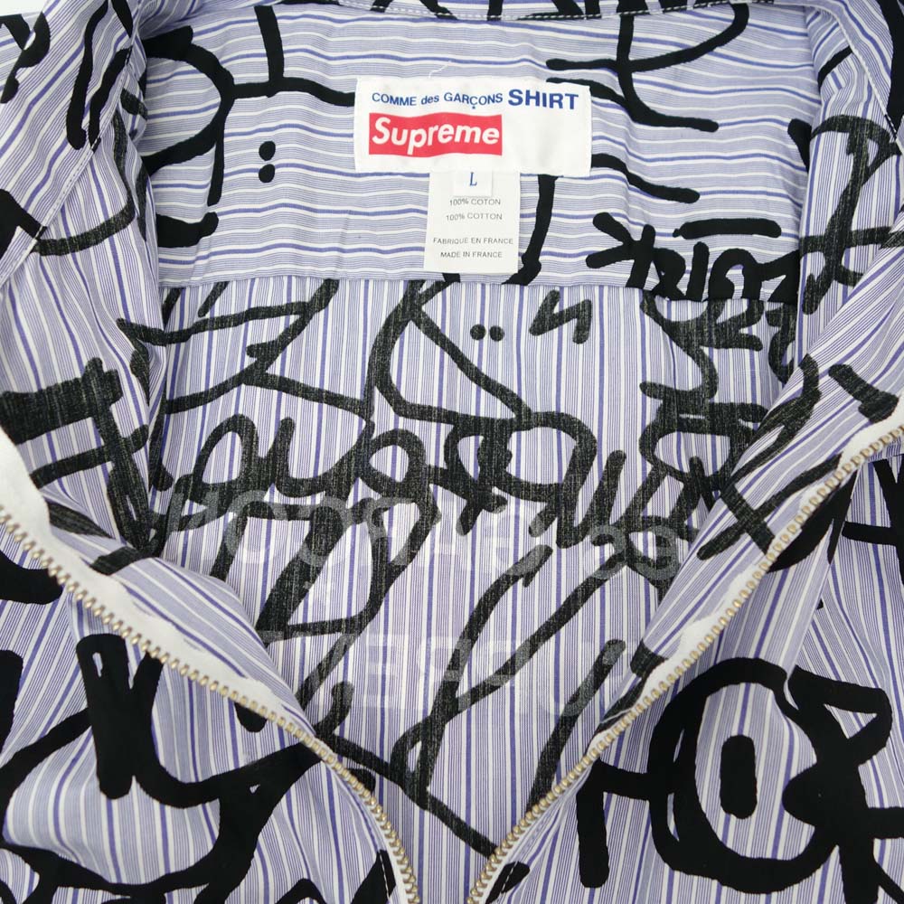 Supreme シュプリーム 18AW × Comme des Garcons SHIRT コムデギャルソン シャツ 18AW Graphic S/S Shirt グラフィック 半袖 ジップ シャツ ライトブルー系 柄 L【極上美品】【中古】