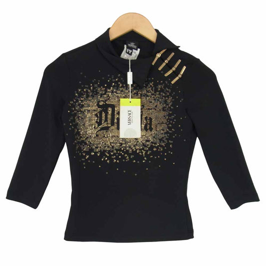 VERSACE ヴェルサーチ 055-75-37108 MADE IN ITALY 金具 プレート 装飾 カットショルダー デザイン カットソー ブラック系 XS【新古品】【未使用】【中古】